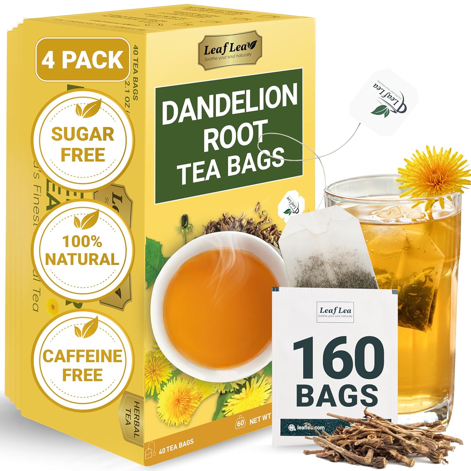 LeafLea Dandelion Root Tea Bags for Healthy Digestion & Wellness