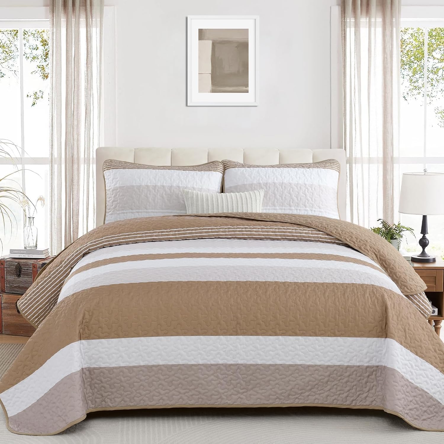 Striped King Size Quilt Set for Elegant Boho Bedroom Decor