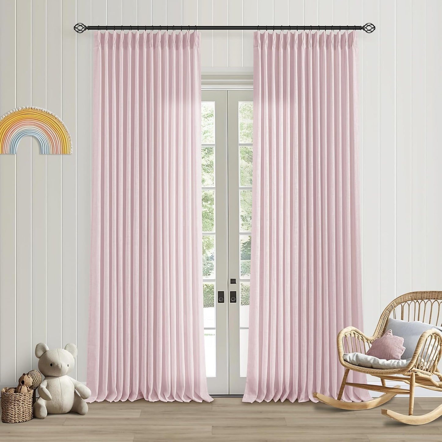 Baby Pink Linen Pinch Pleated Curtains for Girls Bedroom