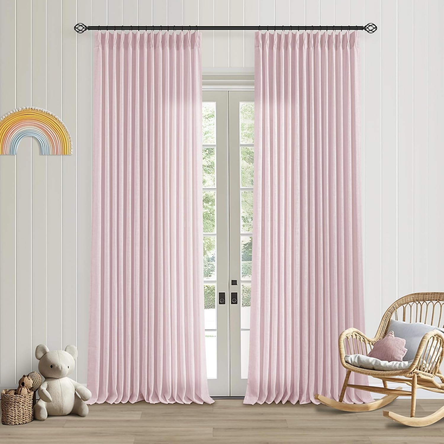 Baby Pink Linen Pinch Pleated Curtains for Girls Bedroom