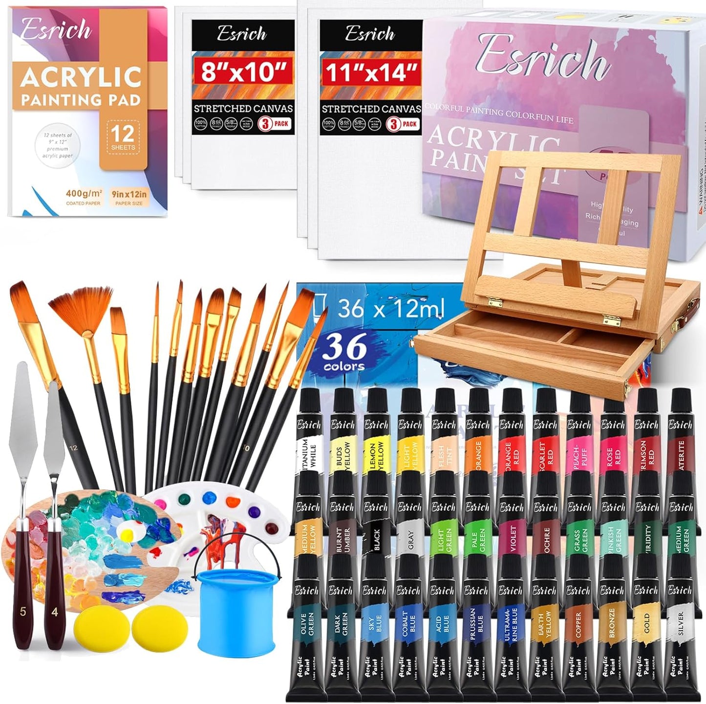 ESRICH Acrylic Paint Set: 74 PCS Complete Art Supplies Kit