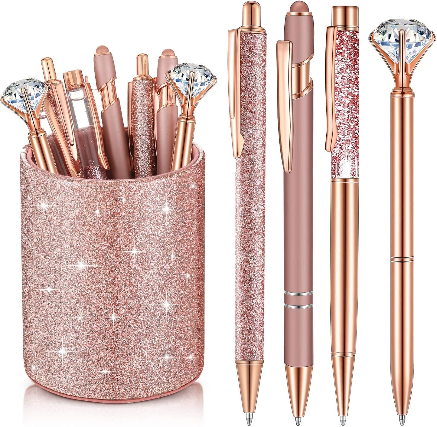 Sabary 8 Pcs Crystal Diamond Pens + Holder - Rose Gold