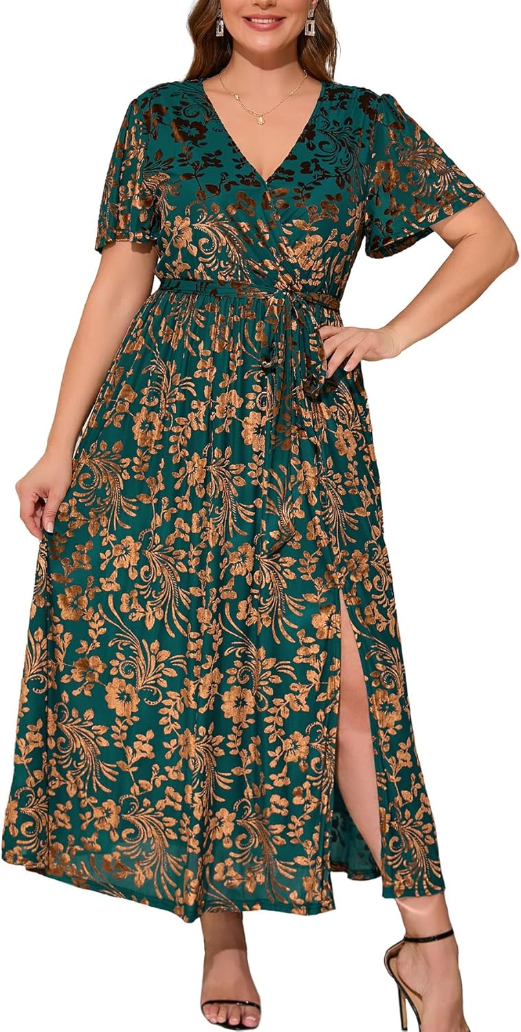 BerryGo Women's Velvet V Neck Wrap Maxi Dress for Parties