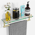 16-Inch Floating Tempered Glass Shelf with Towel Bar - Brushed Gold