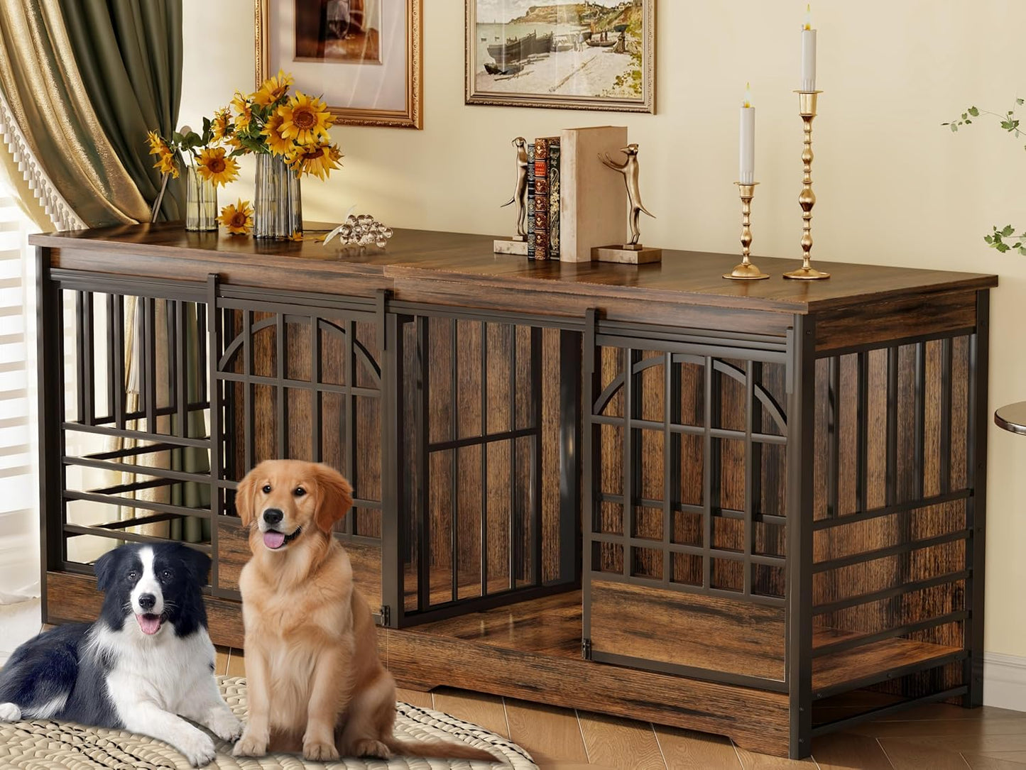 78 Inch Double Dog Crate Furniture for Large Dogs, Brown
