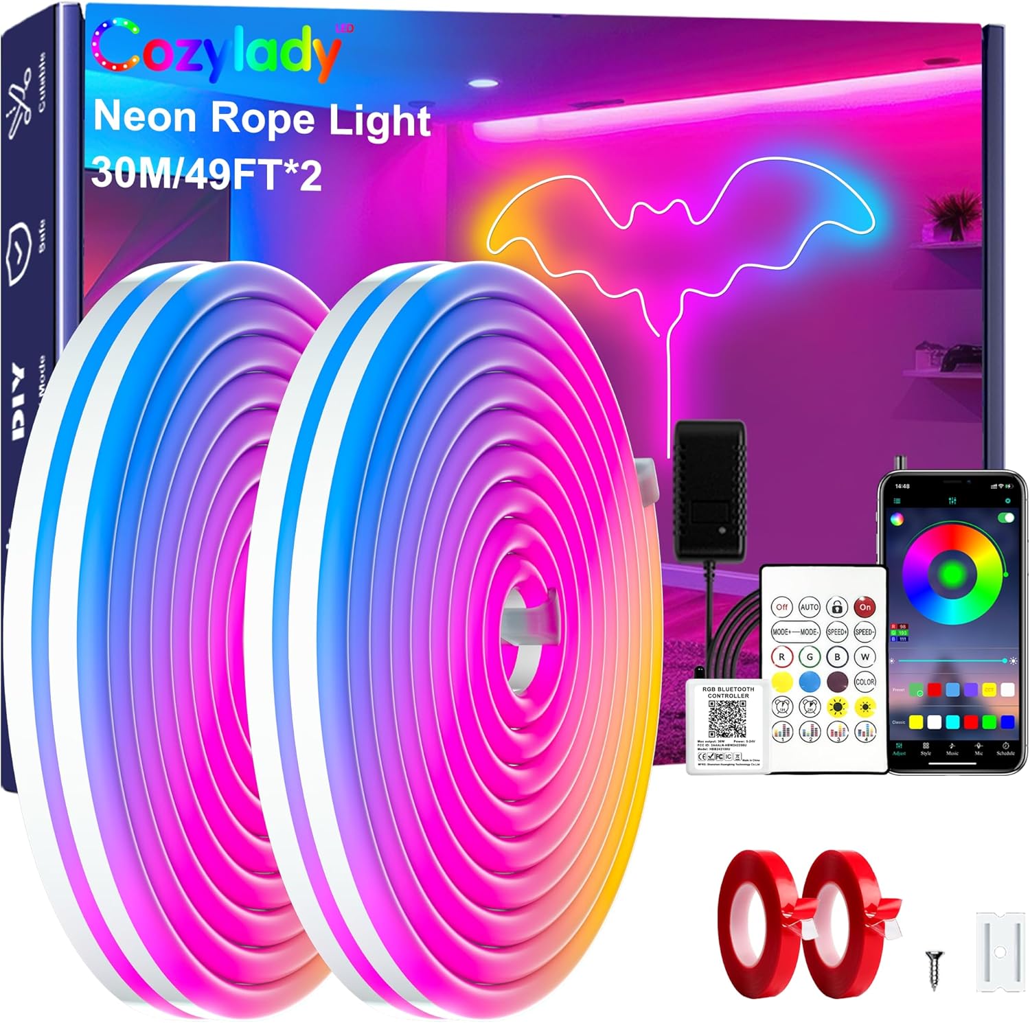 Cozylady 100Ft RGB LED Neon Rope Lights for Home Decor