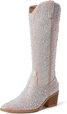 Knee High Cowboy Boots for Women with Embroidery and Chunky Heel