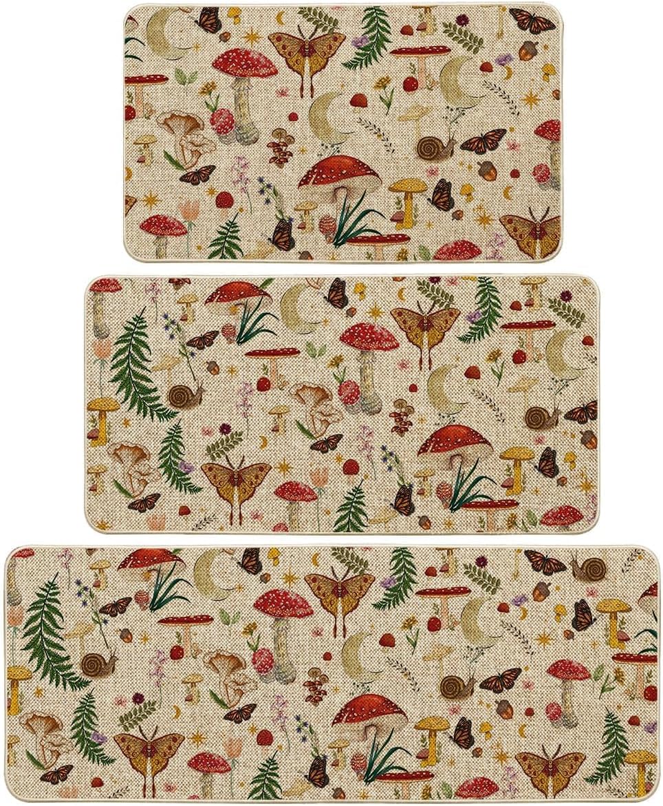 Artoid Mode Mushrooms Butterfly Kitchen Mats Set of 3 for Home
