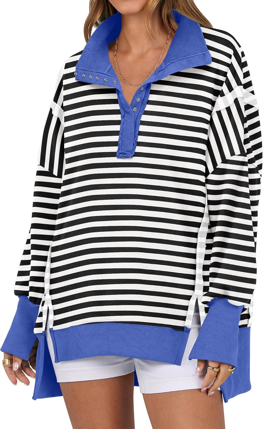Oversized Casual Button Up Henley Pullover Top for Women