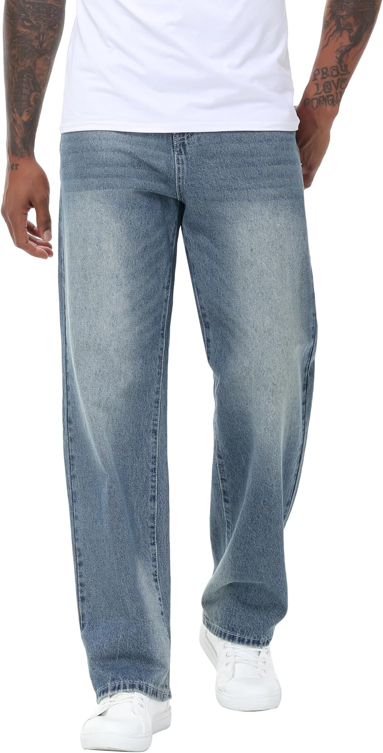 Men's Non-Stretch Loose Fit Wide-Leg Baggy Jeans for Comfort