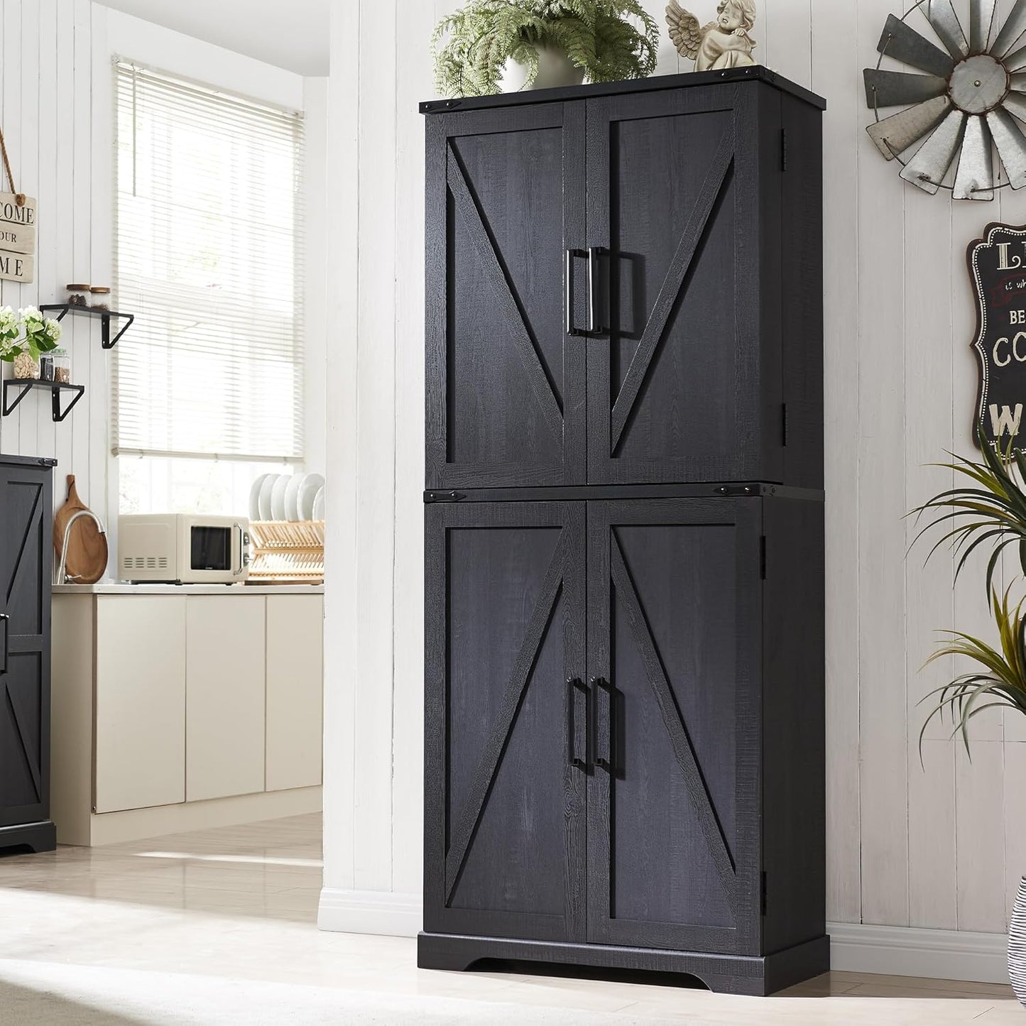 72 Tall Kitchen Pantry with Barn Door for Rustic Storage