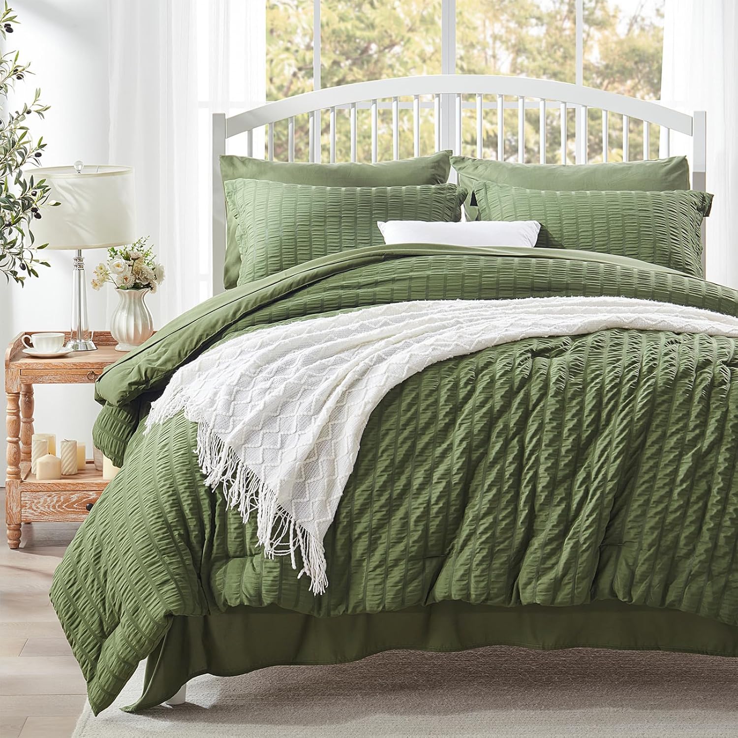 Zzlpp Queen Comforter Set 7 Pieces in Olive Green Seersucker