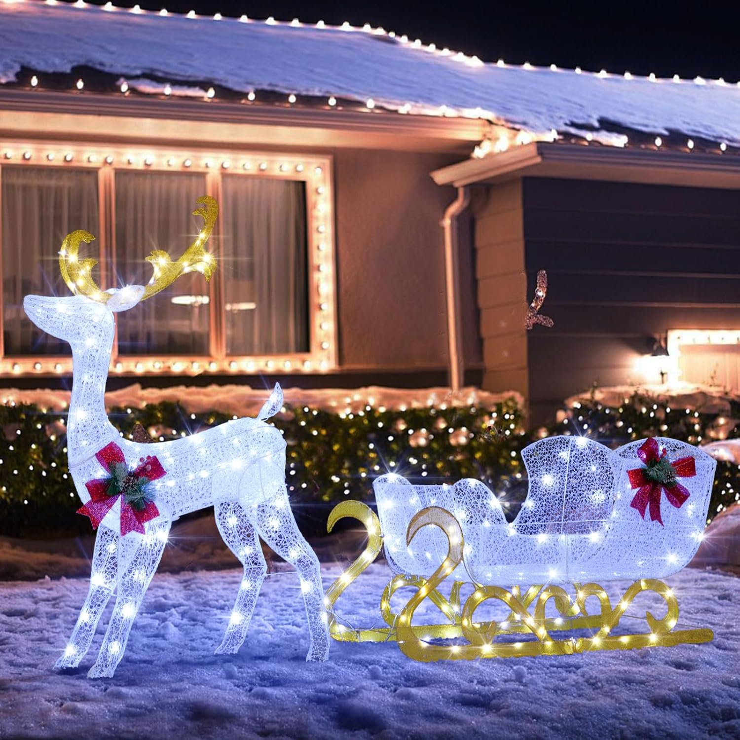 Tangkula 6 FT Lighted Reindeer & Sleigh for Christmas Decor