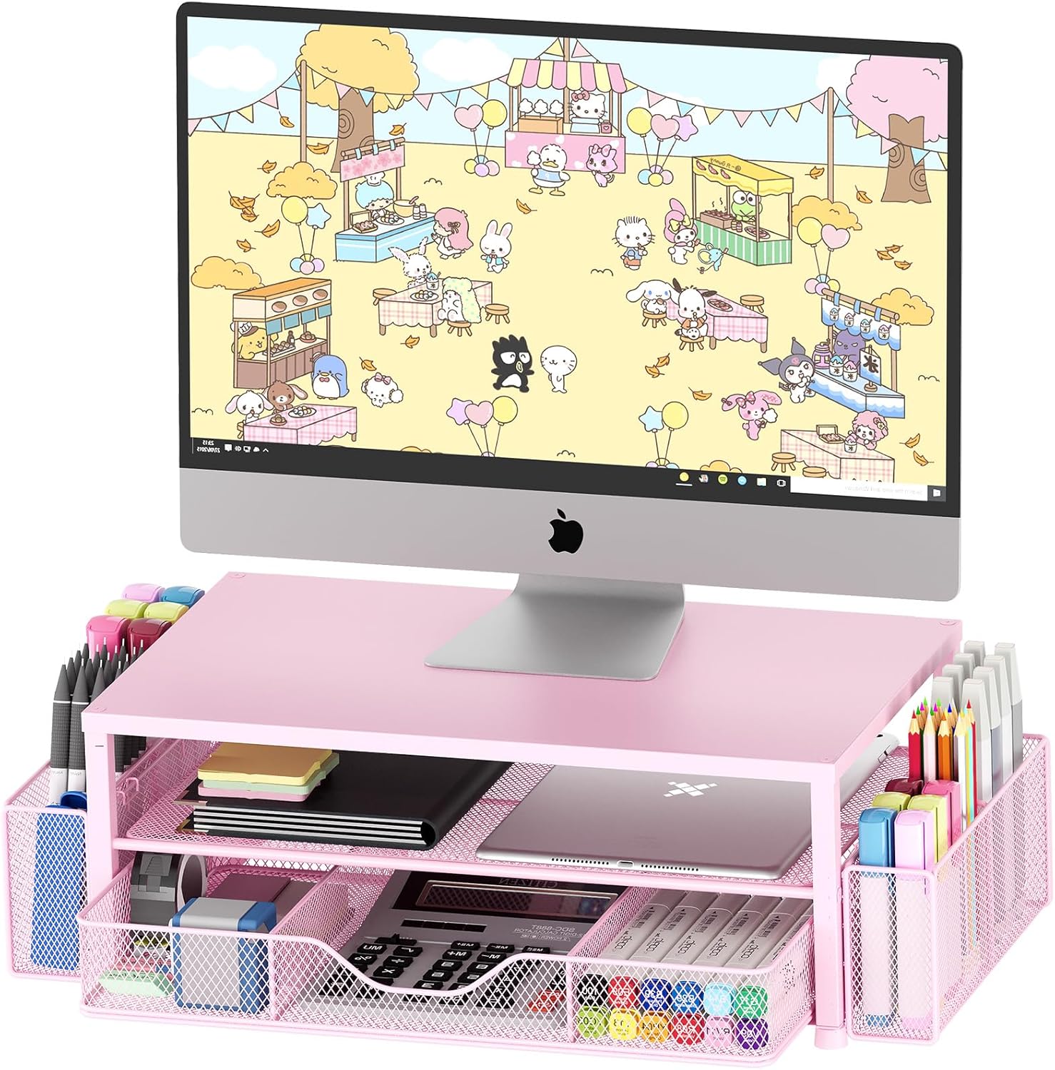 OPNICE Pink 2-Tier Monitor Stand with Drawer & Pen Holders