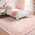 Washable Pink and Blue 8x10 Oushak Rug for Bedroom Girls - Machine