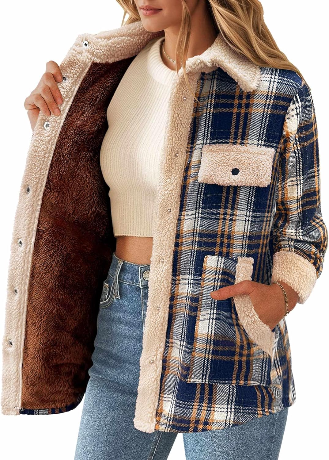 Cozy Womens Flannel Jacket Fleece Lined Shacket for Winter