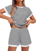 Waffle Knit Lounge Set Women Stripe Pajama Set - Soft Breathable