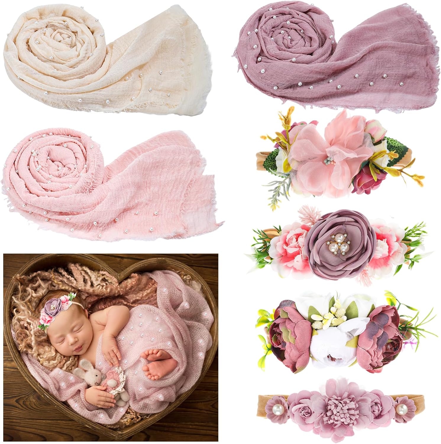 Buryeah 7 Pcs Baby Photoshoot Props Wrap Kit for Newborns