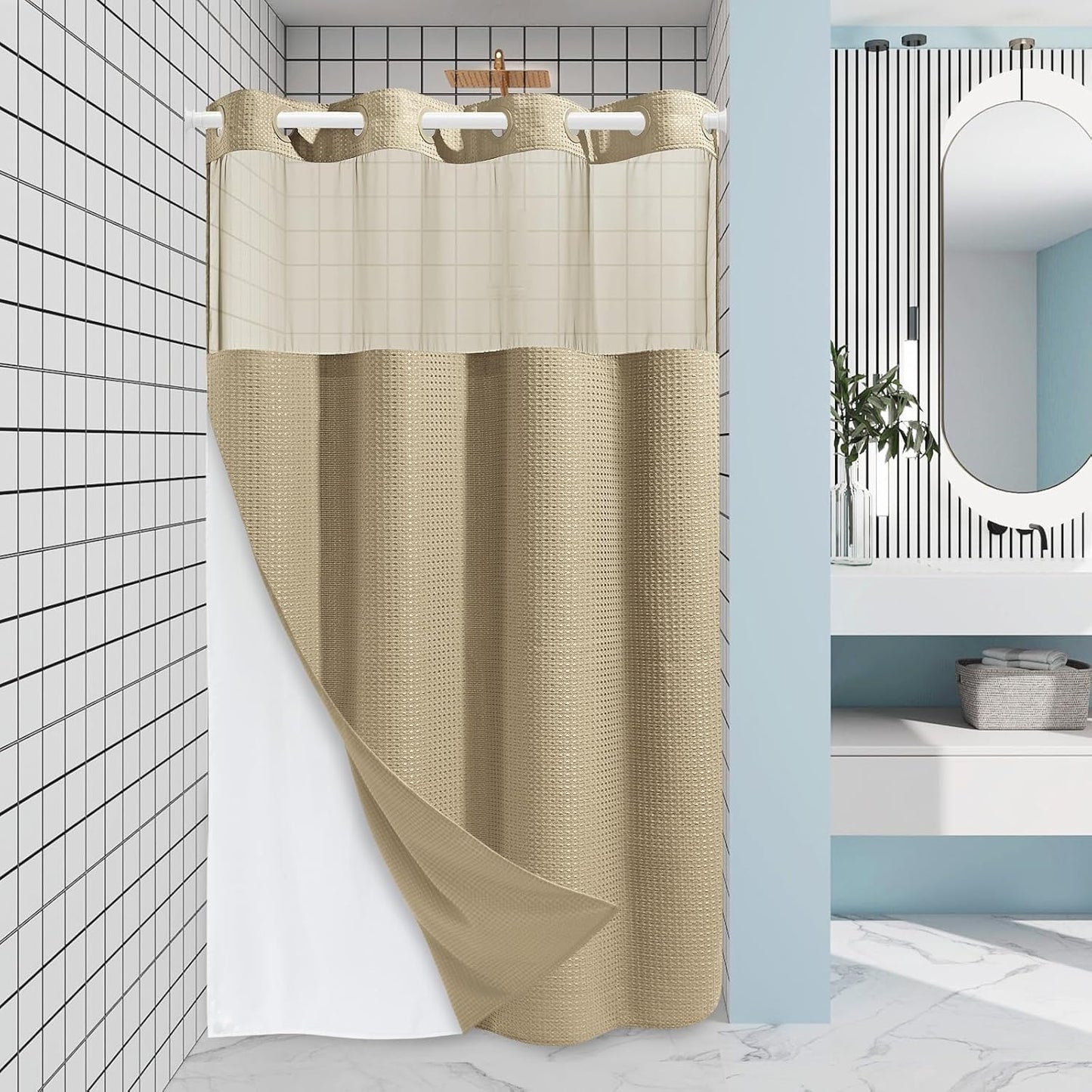 Beige Stall No Hook Shower Curtain with Snap in Liner for Bath