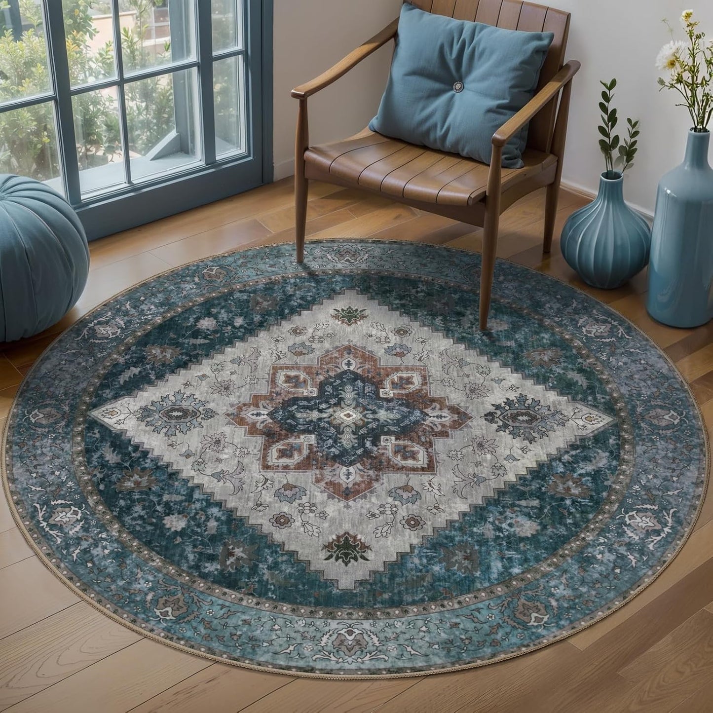 Ciicool Circle Boho Area Rug 4x4ft Round Vintage Non-Slip