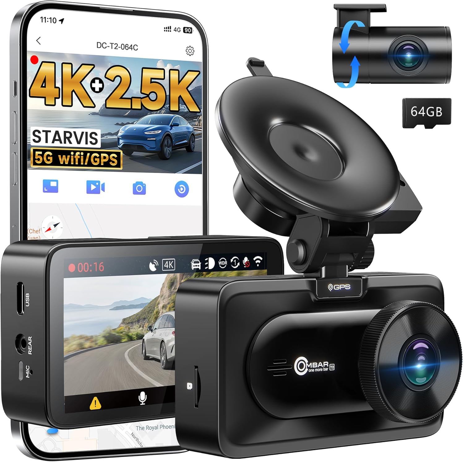 OMBAR Dash Cam Front and Rear: 4K/2.5K Ultra HD Recording
