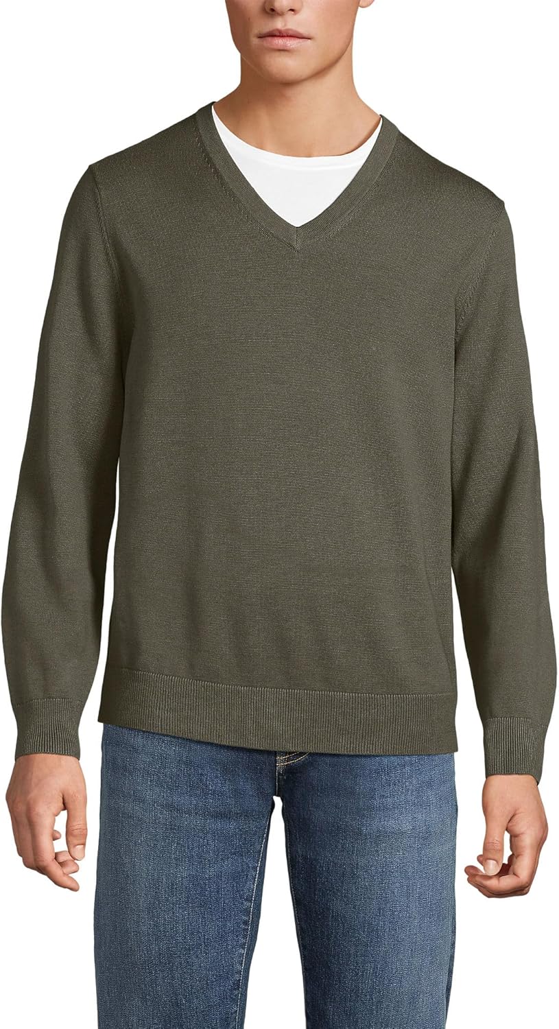 Lands' End Men's Fine Gauge Cotton V Neck Sweater for Comfort