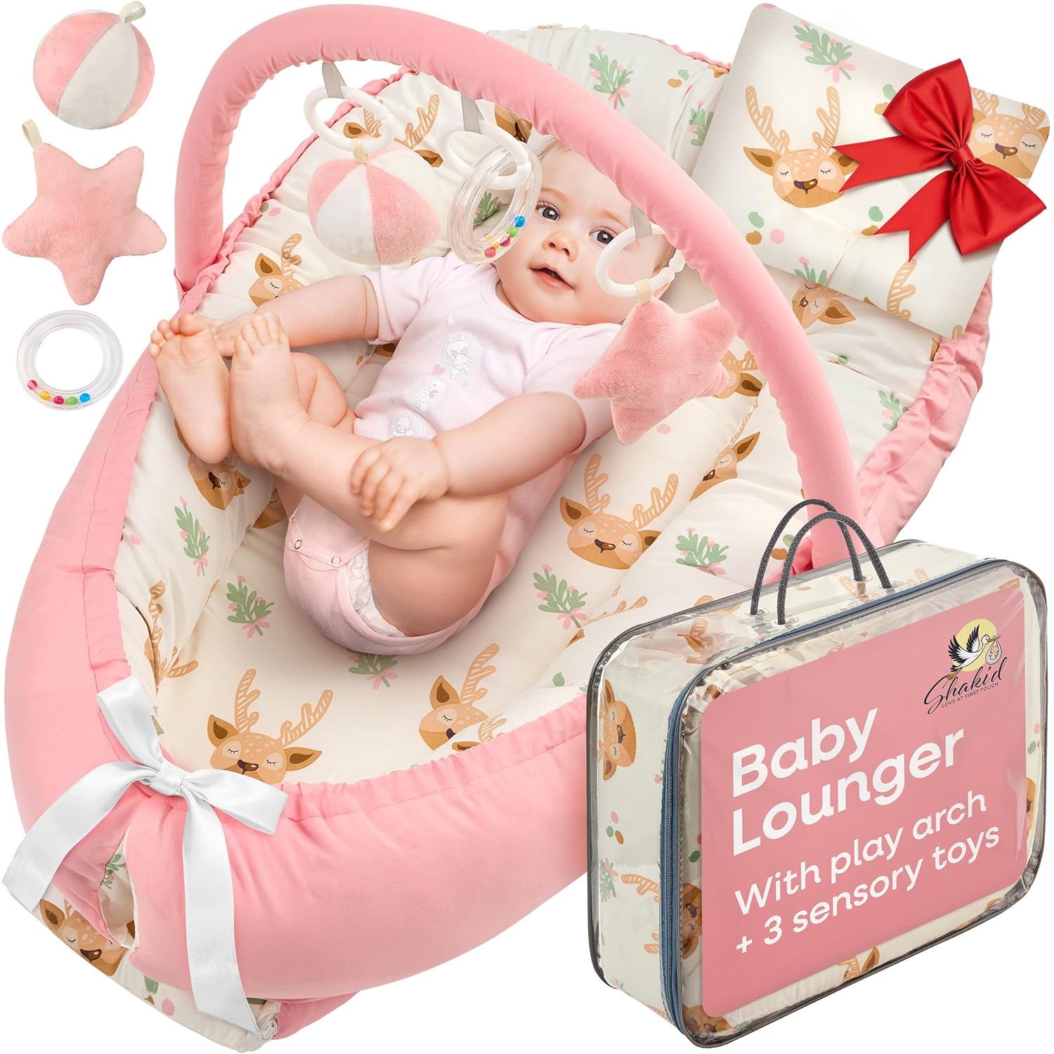 Portable Baby Lounger for Newborn with Removable Arch & Toys