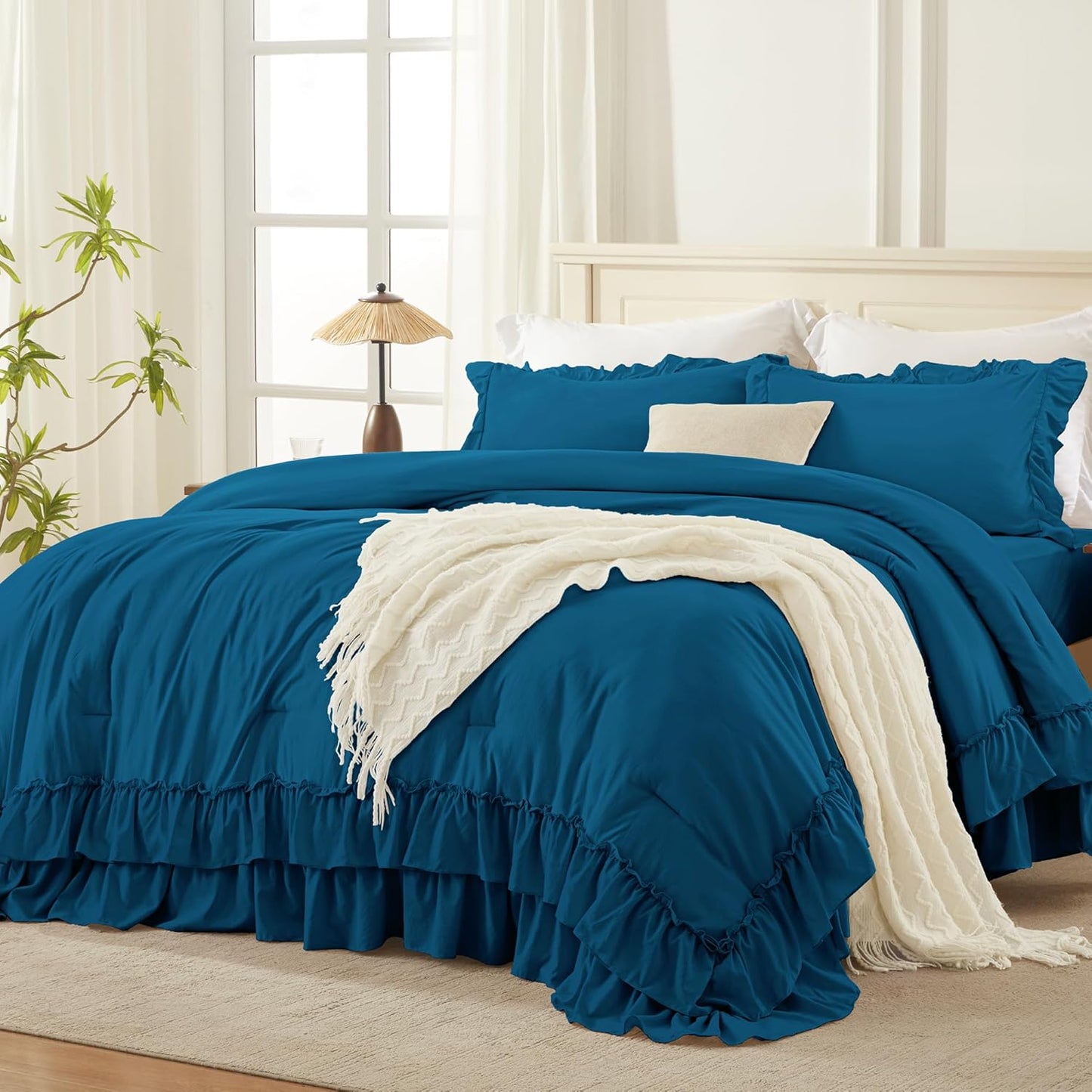 Teal Full Size Comforter Set with Ruffle Design for All Seasons