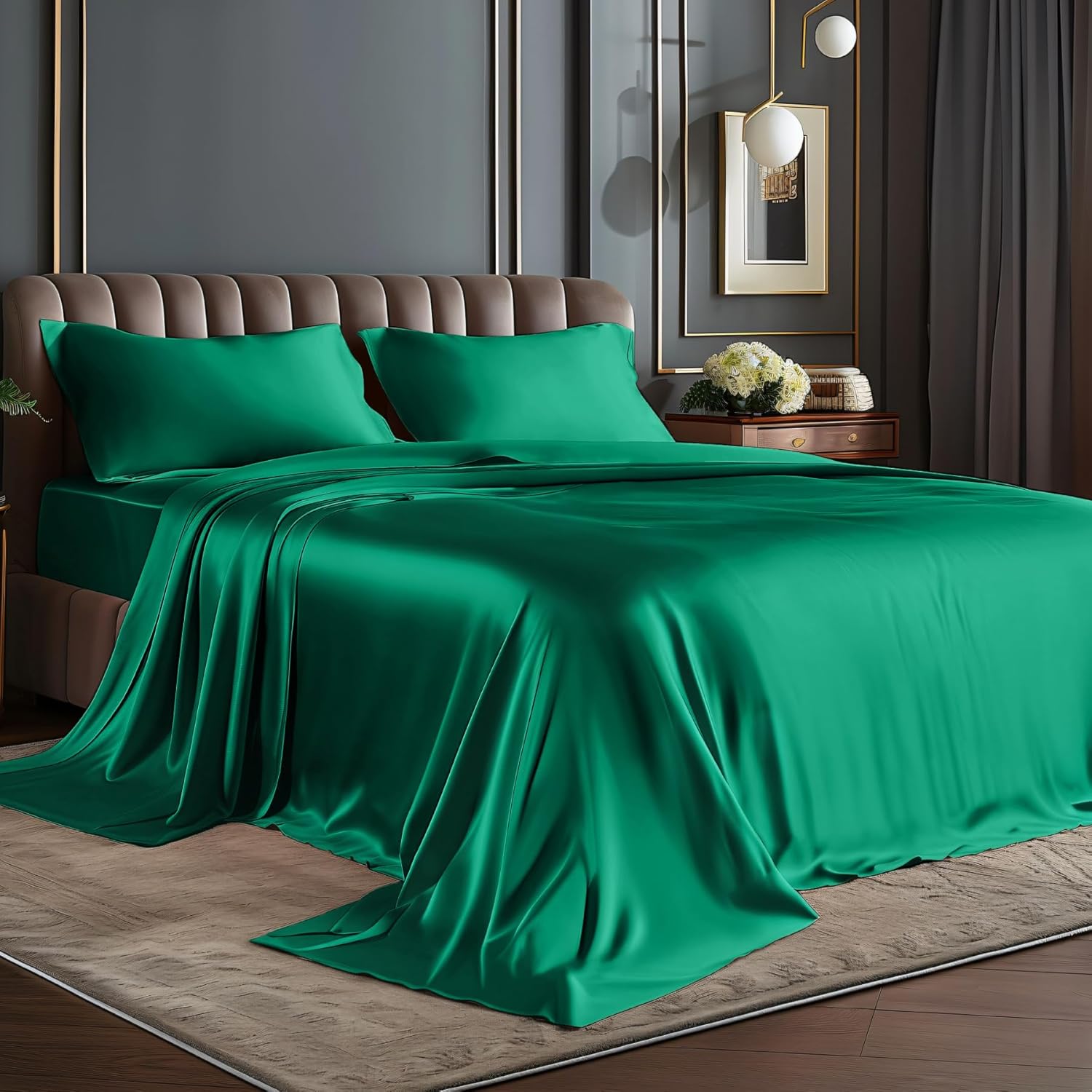 Luxury Satin Sheets Set for Queen Size Bed - Dark Green Elegance