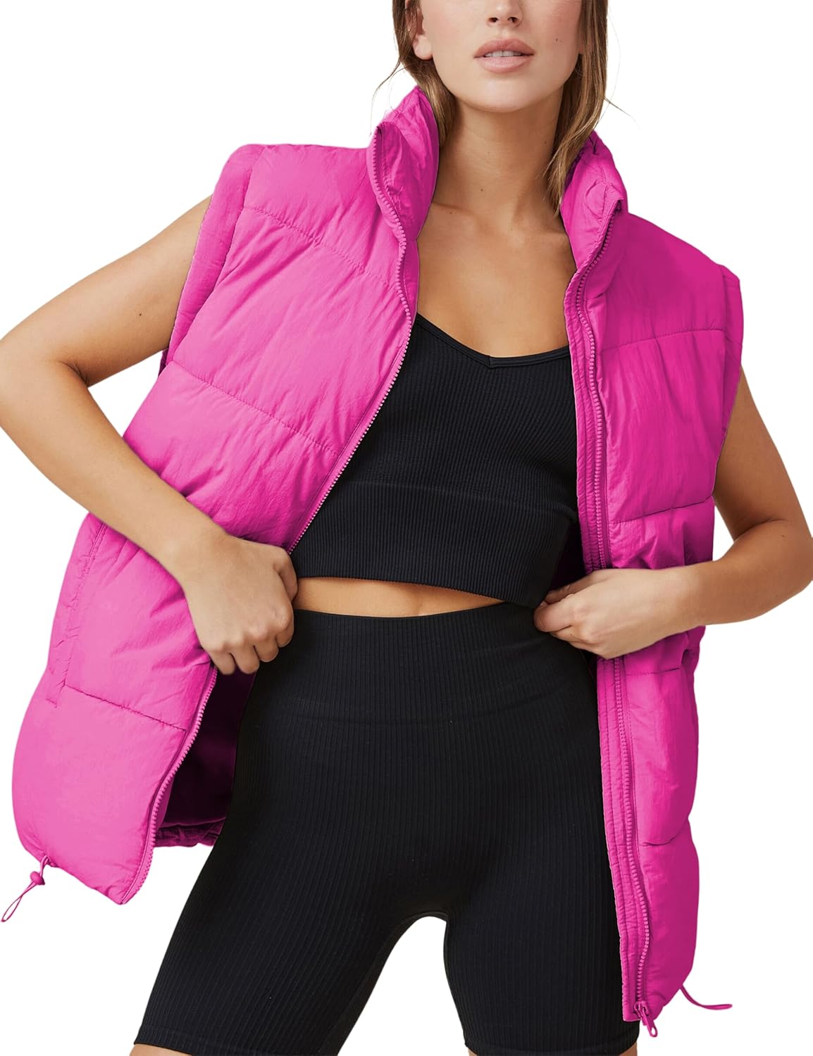 Womens Sleeveless Puffer Vest with High Collar and Pockets