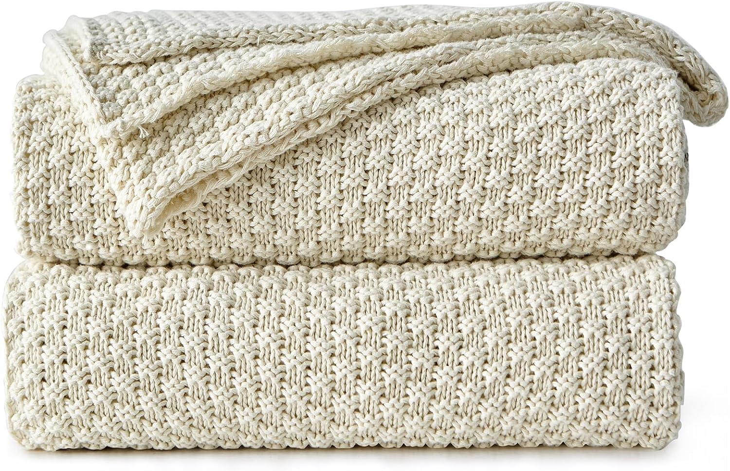 Cozy Cream Knitted Cotton Throw Blanket for Couch or Bed