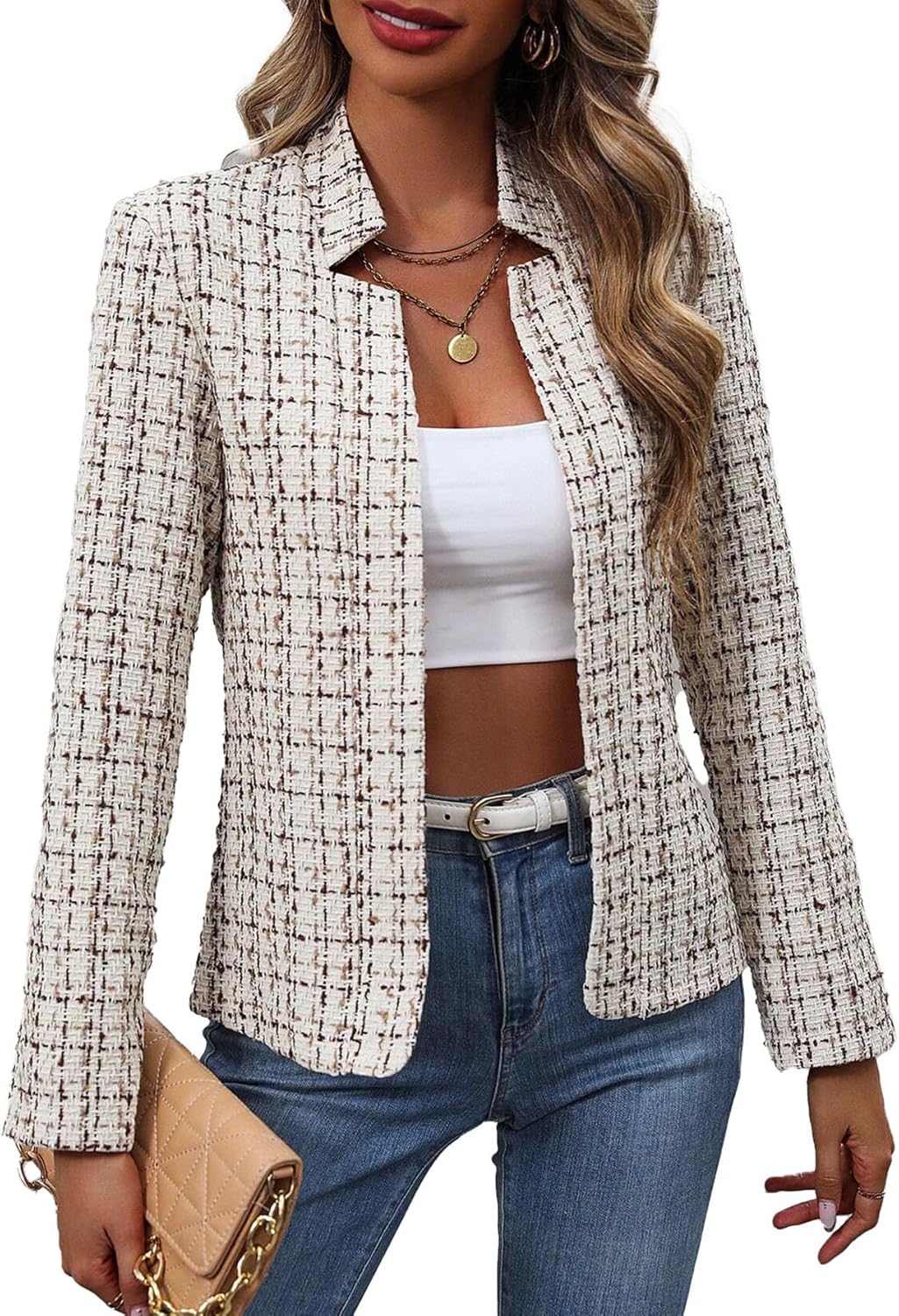 Mina Self Women's Tweed Plaid Blazer Jacket for Elegant Style