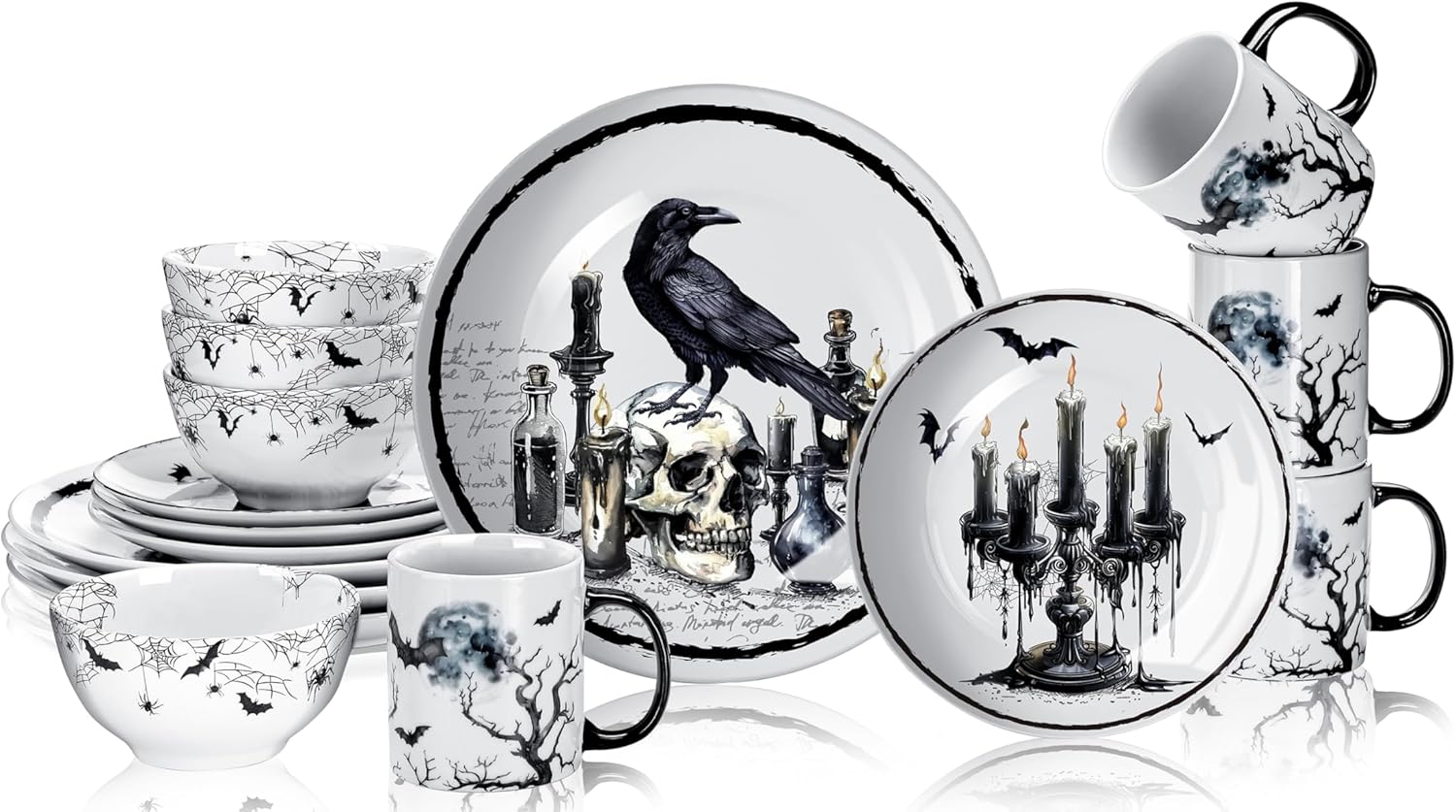 16 Pcs Halloween Gothic Ceramic Dinnerware Set for 4 Guests