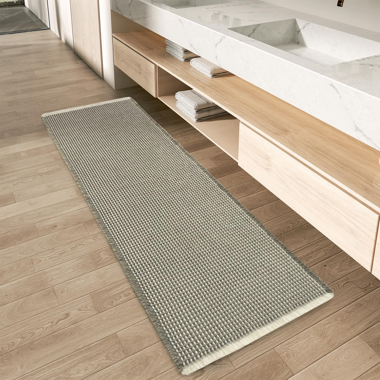 Upgraded Waffle Runner Rug for Bathroom by AMOAMI - 17in x 60in