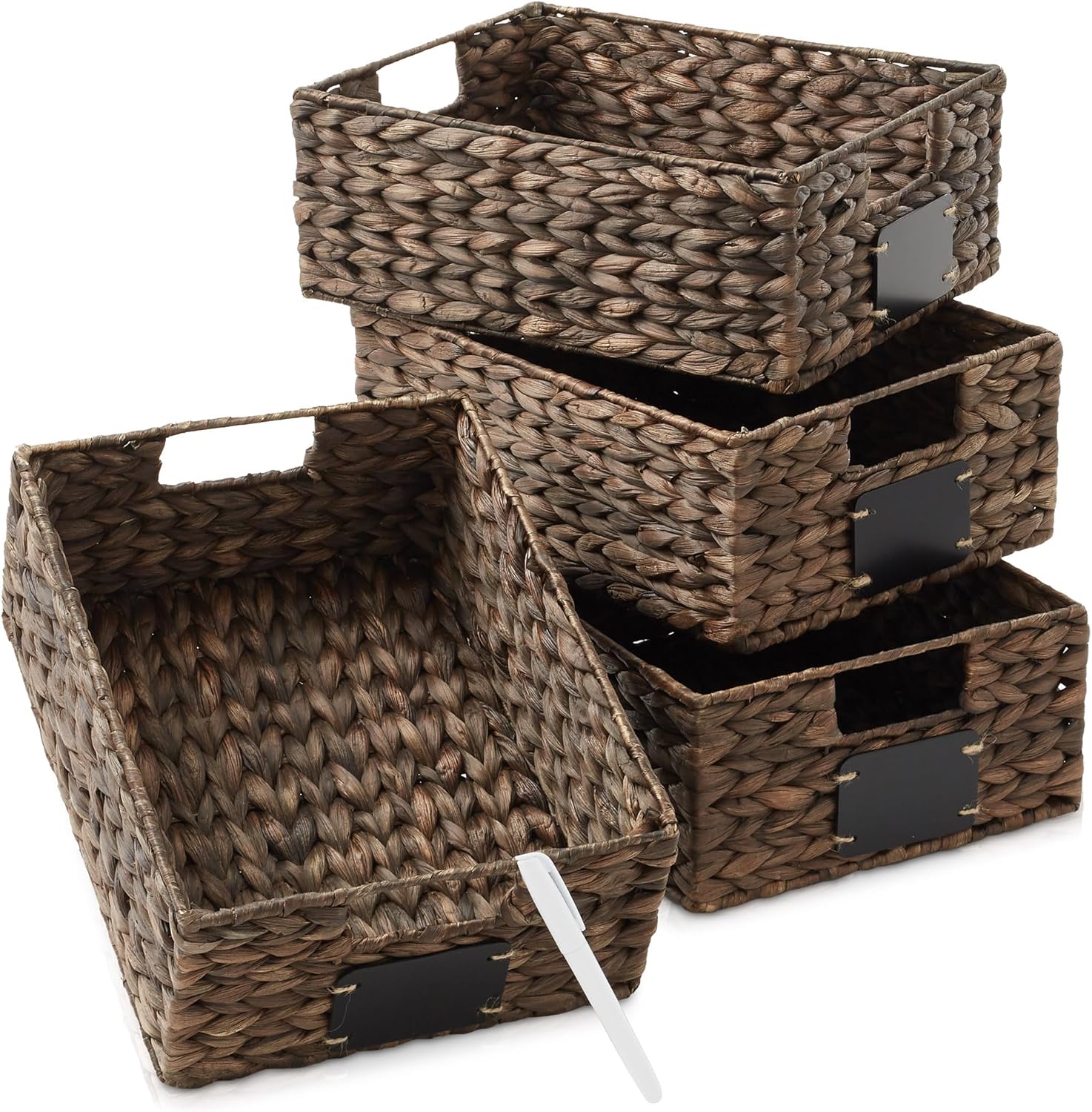 Set of 4 Water Hyacinth Pantry Baskets with Chalkboard Labels