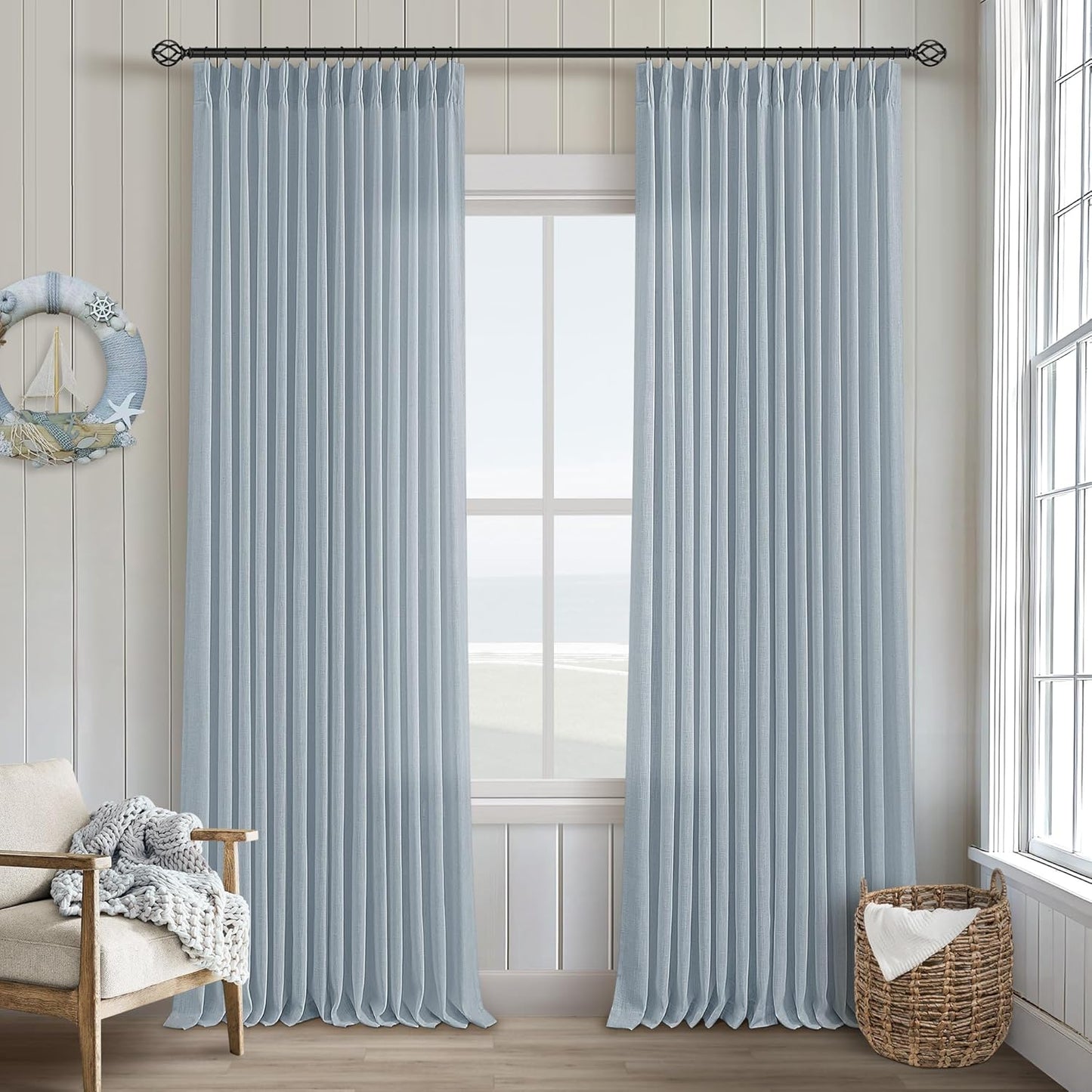 Blue Grey 90 Inch Linen Curtains for Living Room and Bedroom