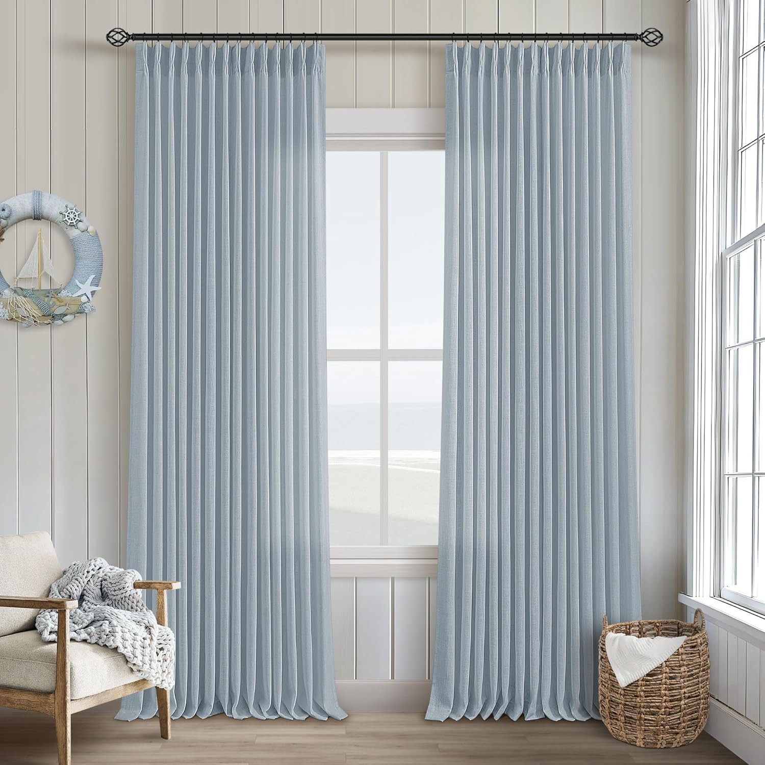 Blue Grey 90 Inch Linen Curtains for Living Room and Bedroom