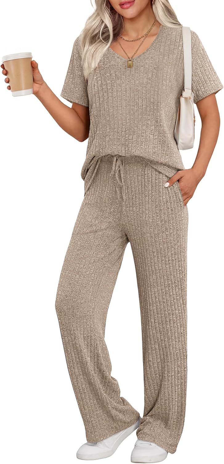 Ekouaer Womens Ribbed Knit Lounge Set for Cozy Sleepwear