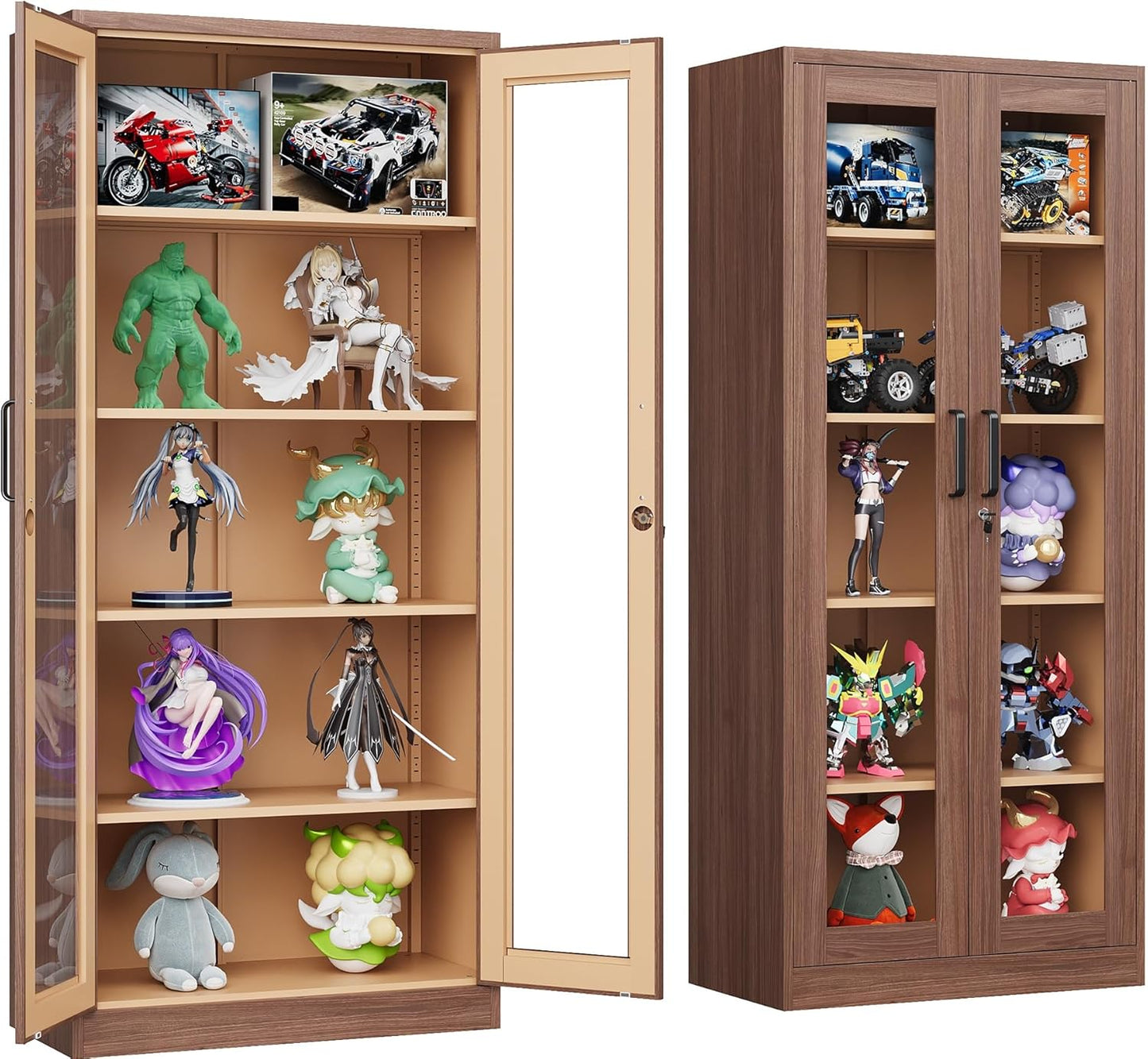 Metal Storage Cabinet with Lock and Glass Doors for Collectibles
