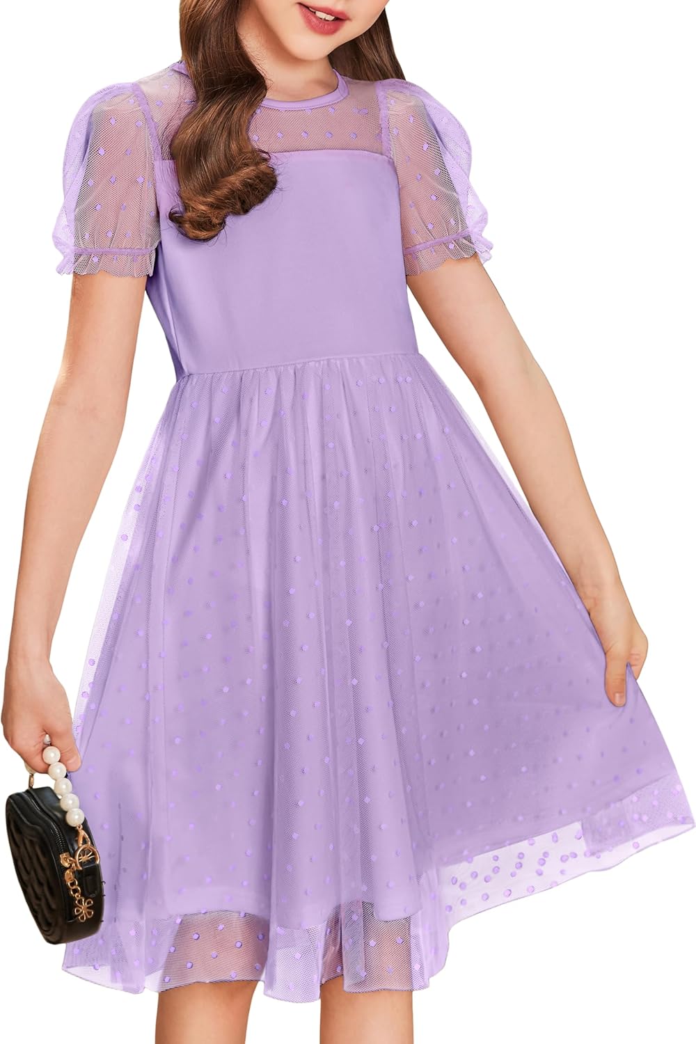 Arshiner Girls Dress Contrast Mesh Puffy Short Sleeve A Line