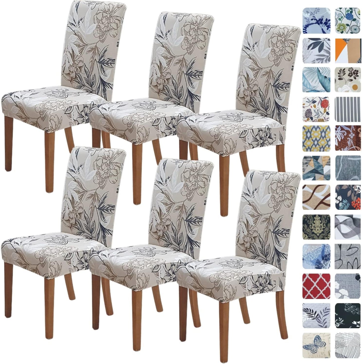 Stretch Dining Chair Covers Set of 6, Floral Beige Slipcovers