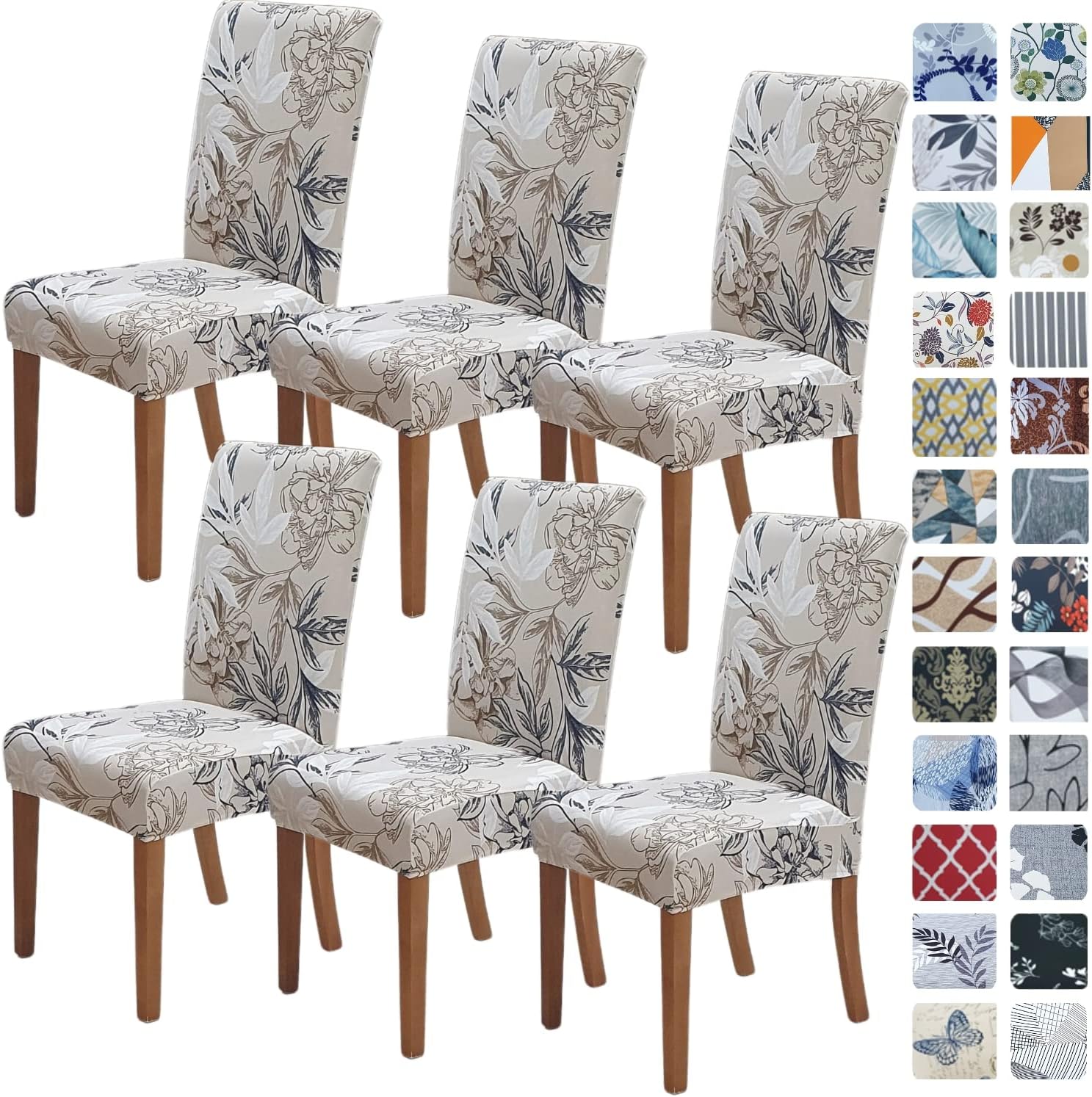 Stretch Dining Chair Covers Set of 6, Floral Beige Slipcovers