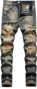 Men's Ripped Jeans Slim Fit Distressed Straight Leg - Fashion Denim