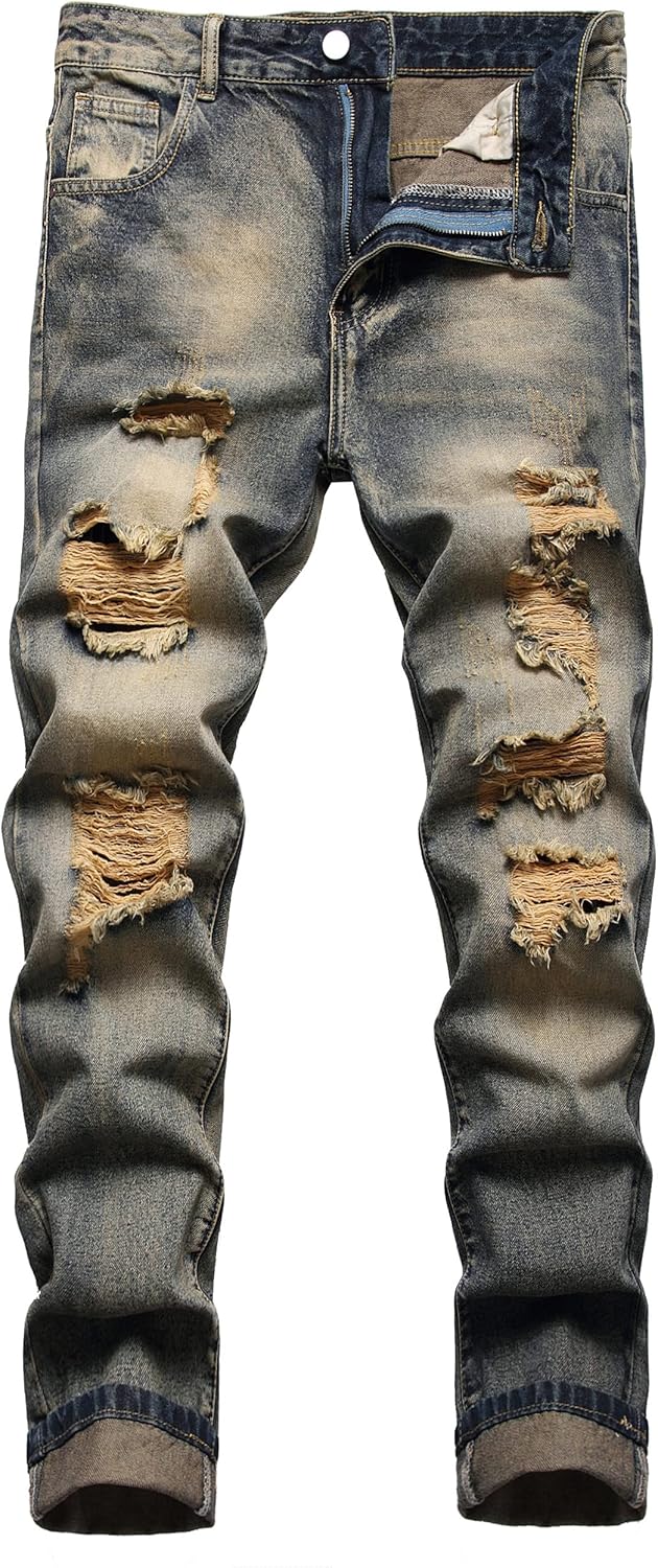 Men's Ripped Jeans Slim Fit Distressed Straight Leg Denim Pants