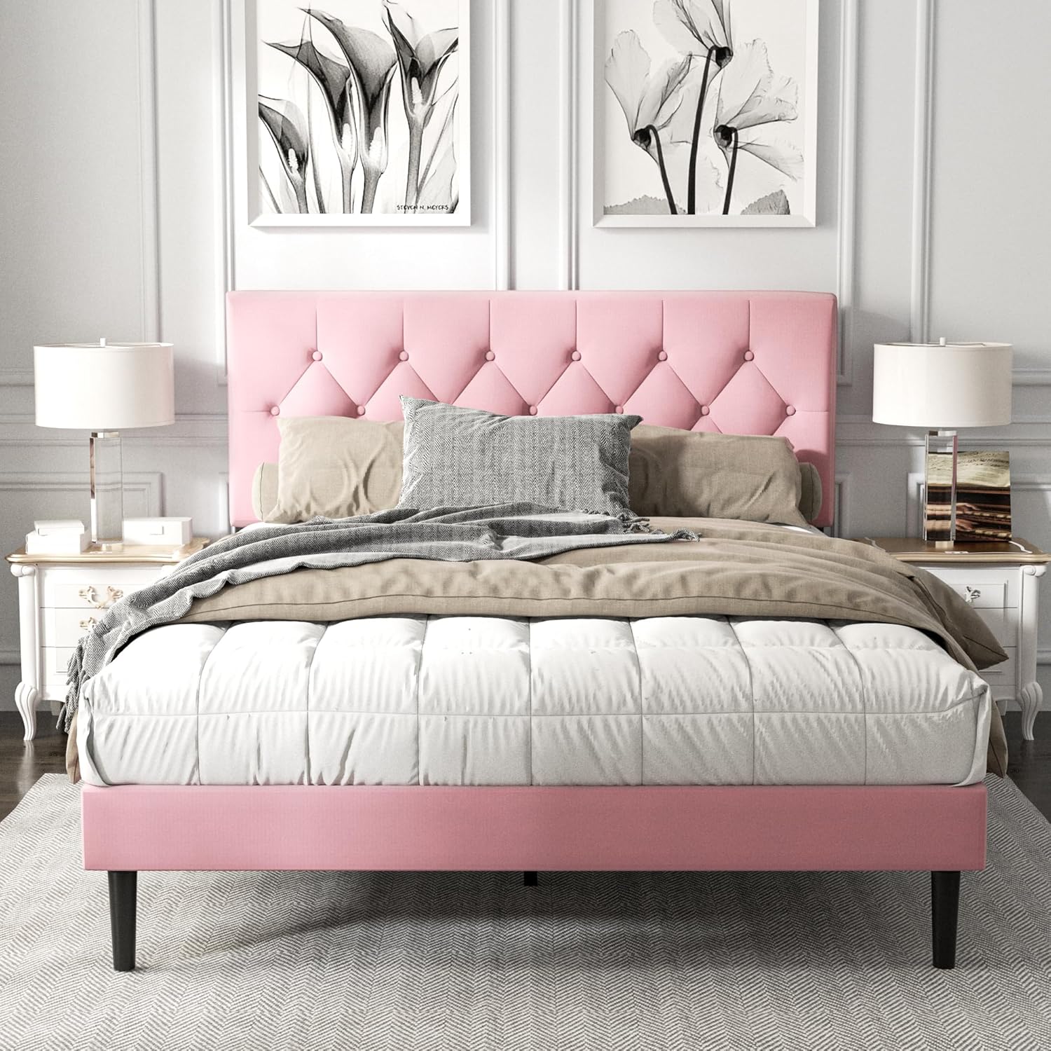 Queen Size Platform Bed Frame with Upholstered Headboard in Pink