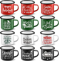 Christmas Enamel Mug Set of 12, 12 oz Hot Cocoa Mugs - Festive