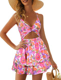 Women's V Neck Ruffle Romper with Adjustable Spaghetti Straps