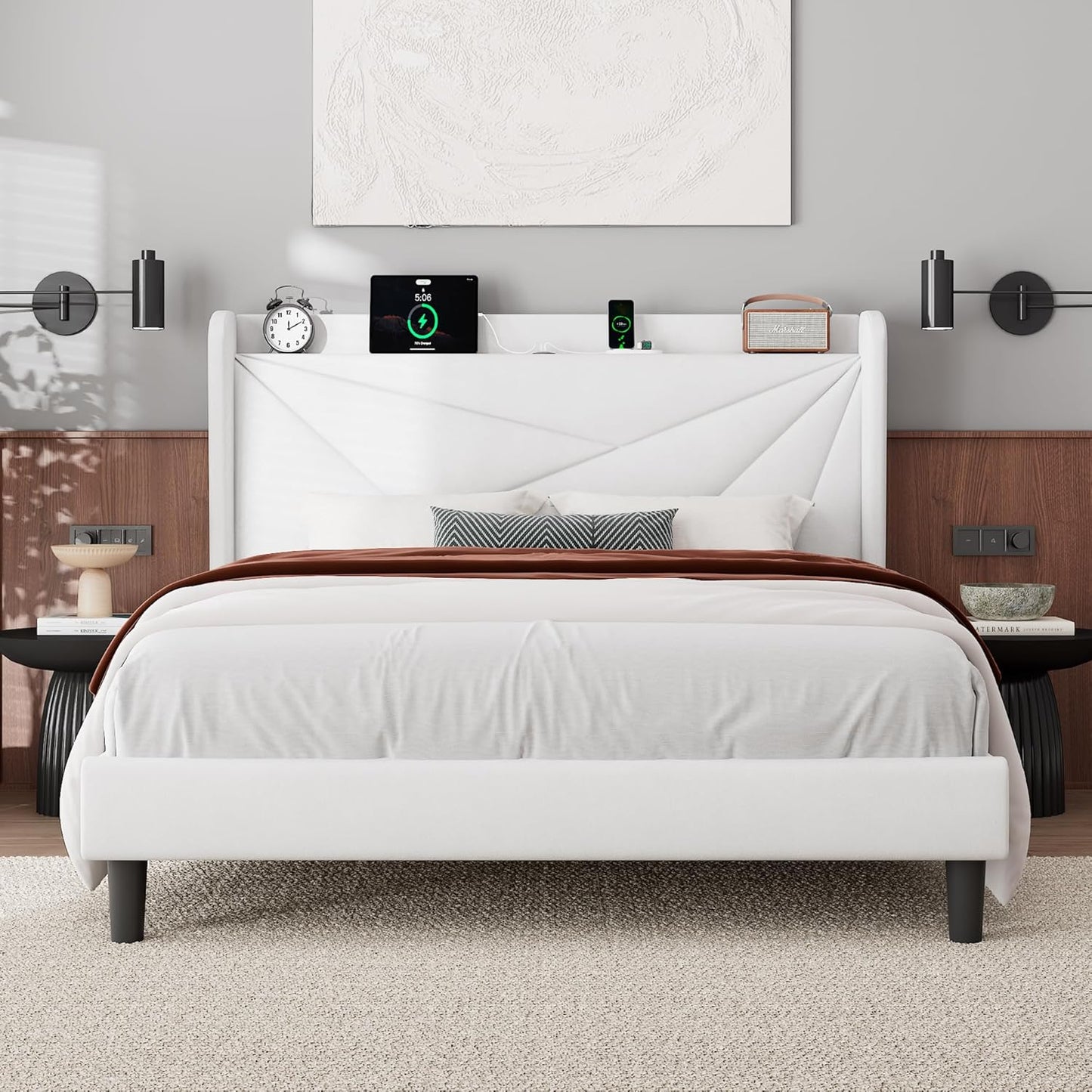 Feonase Full Bed Frame with Charging Station and Velvet Upholstery