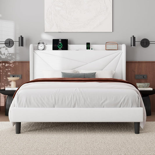Feonase Full Size Bed Frame with Charging Station and Storage