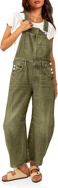 Womens Denim Bib Overalls Barrel Leg Adjustable Strap Jean Pants